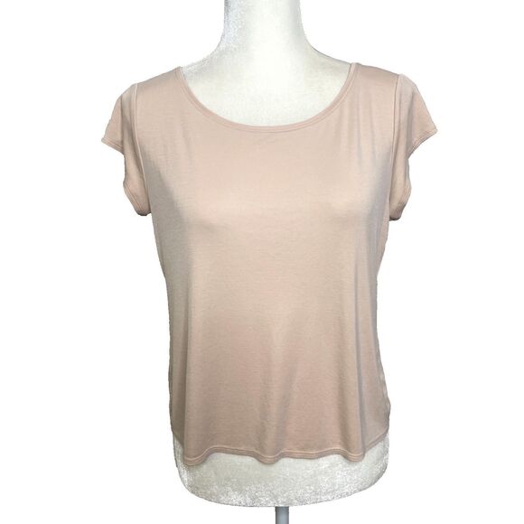 Eileen Fisher Size LP Beige T Shirt Round Neck Short Sleeve Tan Petite Large Top - Picture 1 of 9